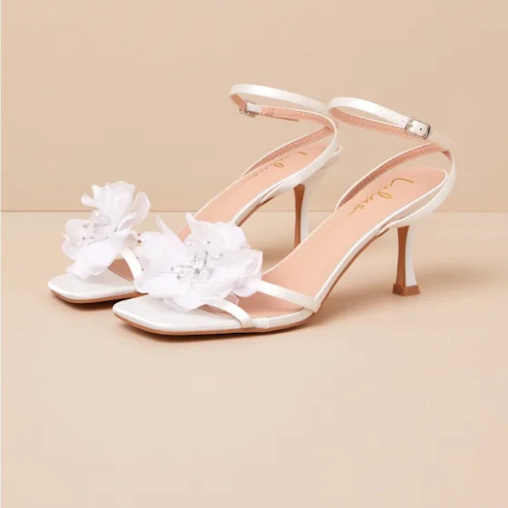 Lulu’s Aidine White Floral Applique Ankle Strap High Heel Sandals